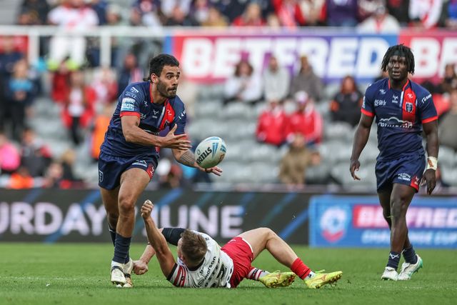 Tyrone May of Hull KR offloads the ball  during the Betfred Magic Weekend 2025 match Hull KR vs Salford Red Devils at St. James's Park, Newcastle, United Kingdom, 3rd May 2025

(Photo by Mark Cosgrove/News Images)