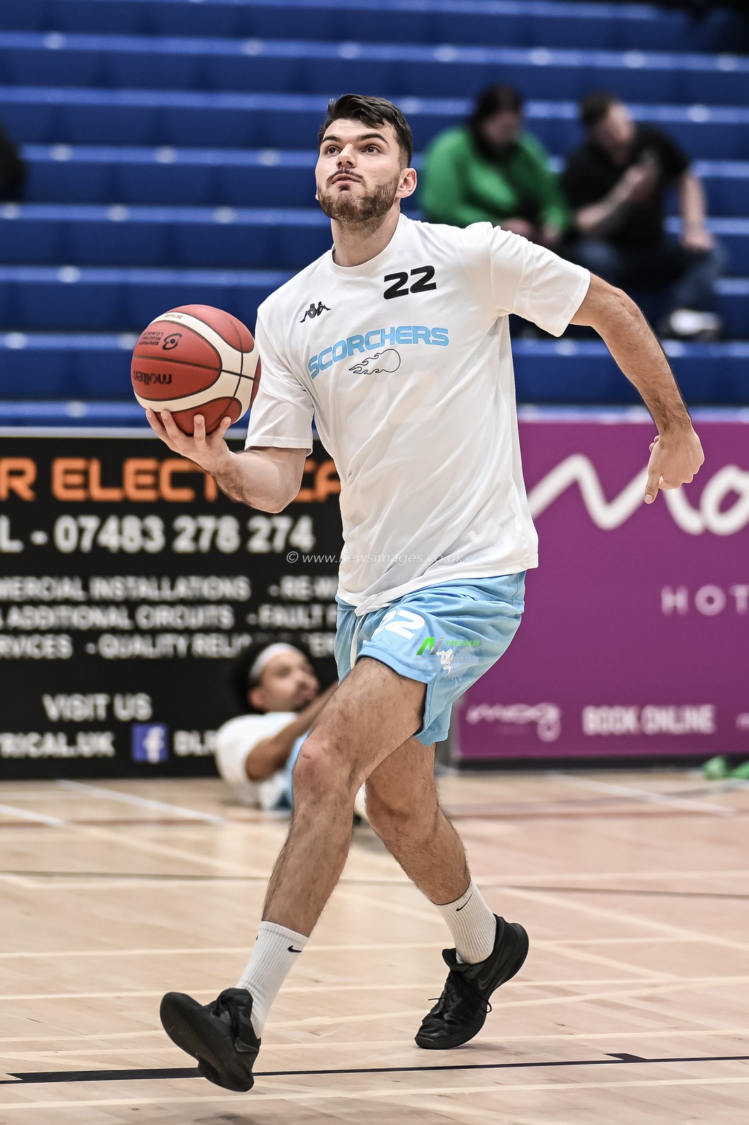 Elliot Bailey of Surrey Scorchers during pre match warm ups ahead of the British Basketball Championship match Cheshire Phoenix vs Surrey Scorchers at Ellesmere Port Sports Village, Ellesmere Port, United Kingdom, 19th November 2023

(Photo by Craig Thomas/News Images)