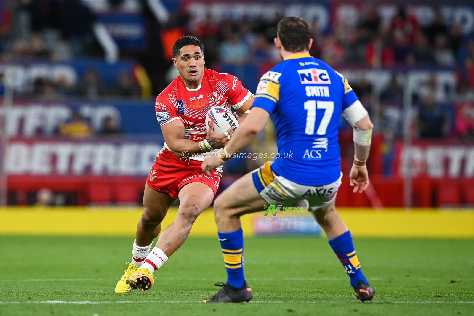 Sione Mataâ€™utia #11 of St Helens in action during the 25th Betfred Super League Grand Final match St Helens vs Leeds Rhinos at Old Trafford, Manchester, United Kingdom, 24th September 2022

(Photo by Craig Thomas/News Images)