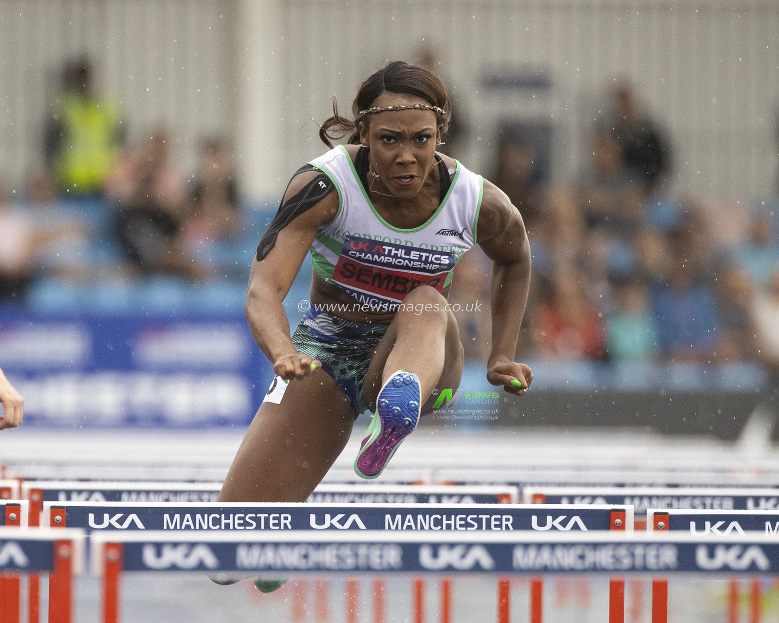 Cindy Sember wins her heat of the 100m hurdles during the UK Athletics Championships at Manchester Regional Arena, Manchester, United Kingdom, 8th July 2023.

(Photo by Conor Molloy/News Images)
