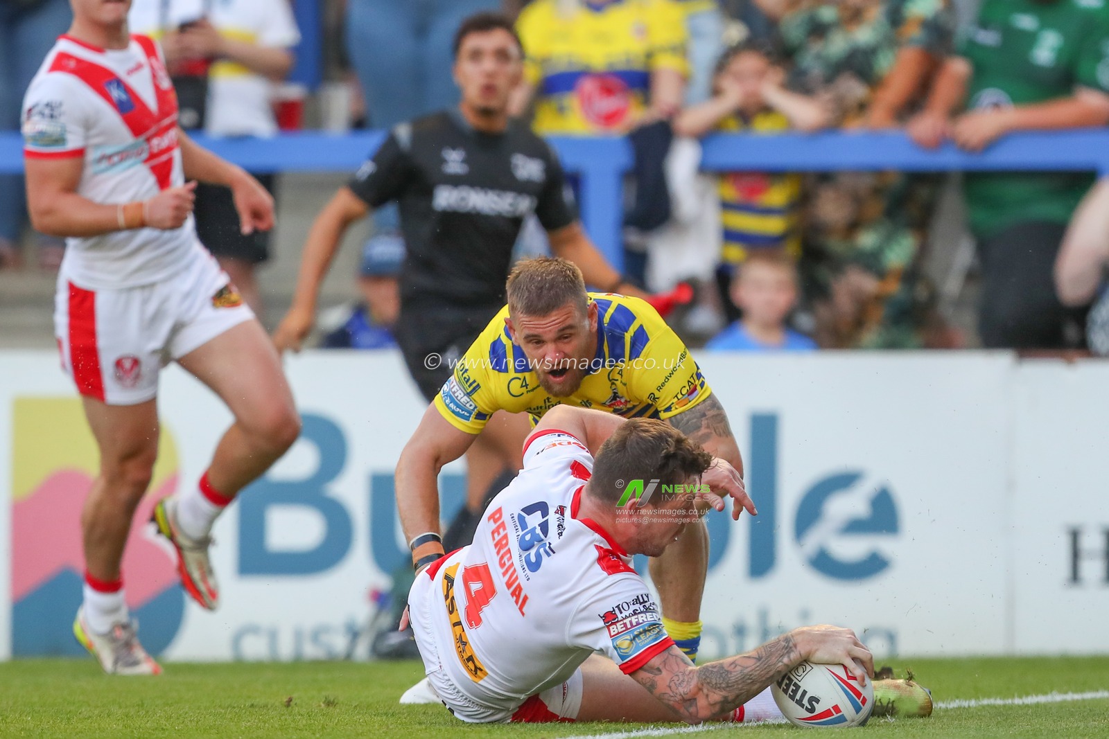 Mark Percival #4 of St Helens goes over for a try and makes the score 2-4 during the Betfred Super League Round 18 match Warrington Wolves vs St Helens at Halliwell Jones Stadium, Warrington, United Kingdom, 7th July 2023

(Photo by Gareth Evans/News Images)