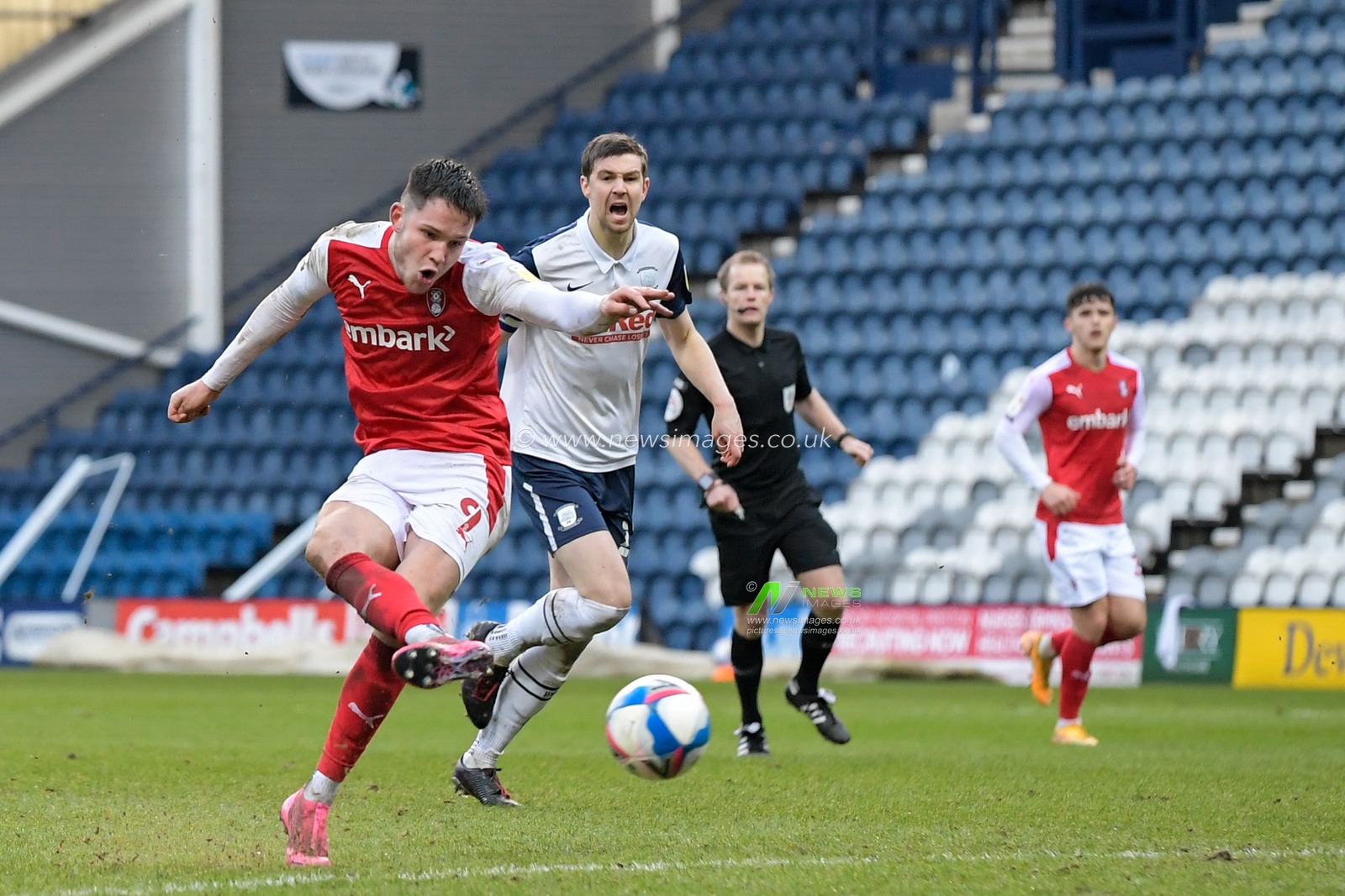 George Hirst #9 of Rotherham United has a shot at goal