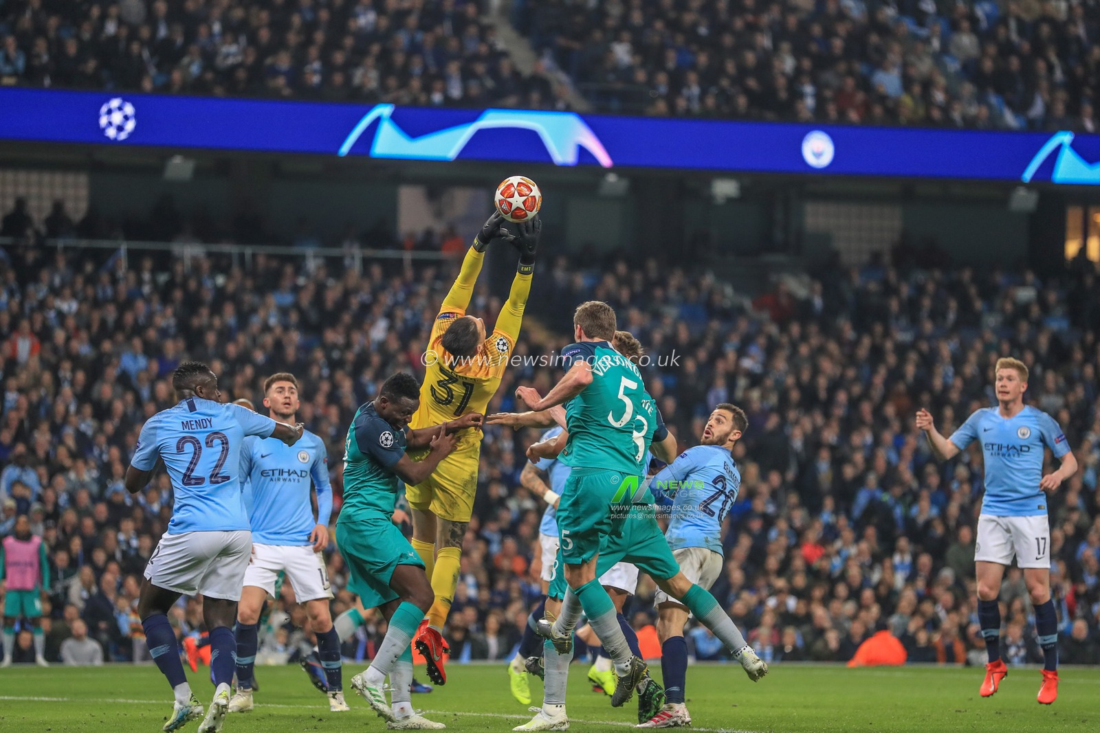 17th April 2019 , Etihad Stadium, Manchester, England; UEFA Champions League, Quarter Final, Second Leg, Manchester City v Tottenham ; Ederson (31) of Manchester City catches the ball under pressure 


Credit: Mark Cosgrove/News Images