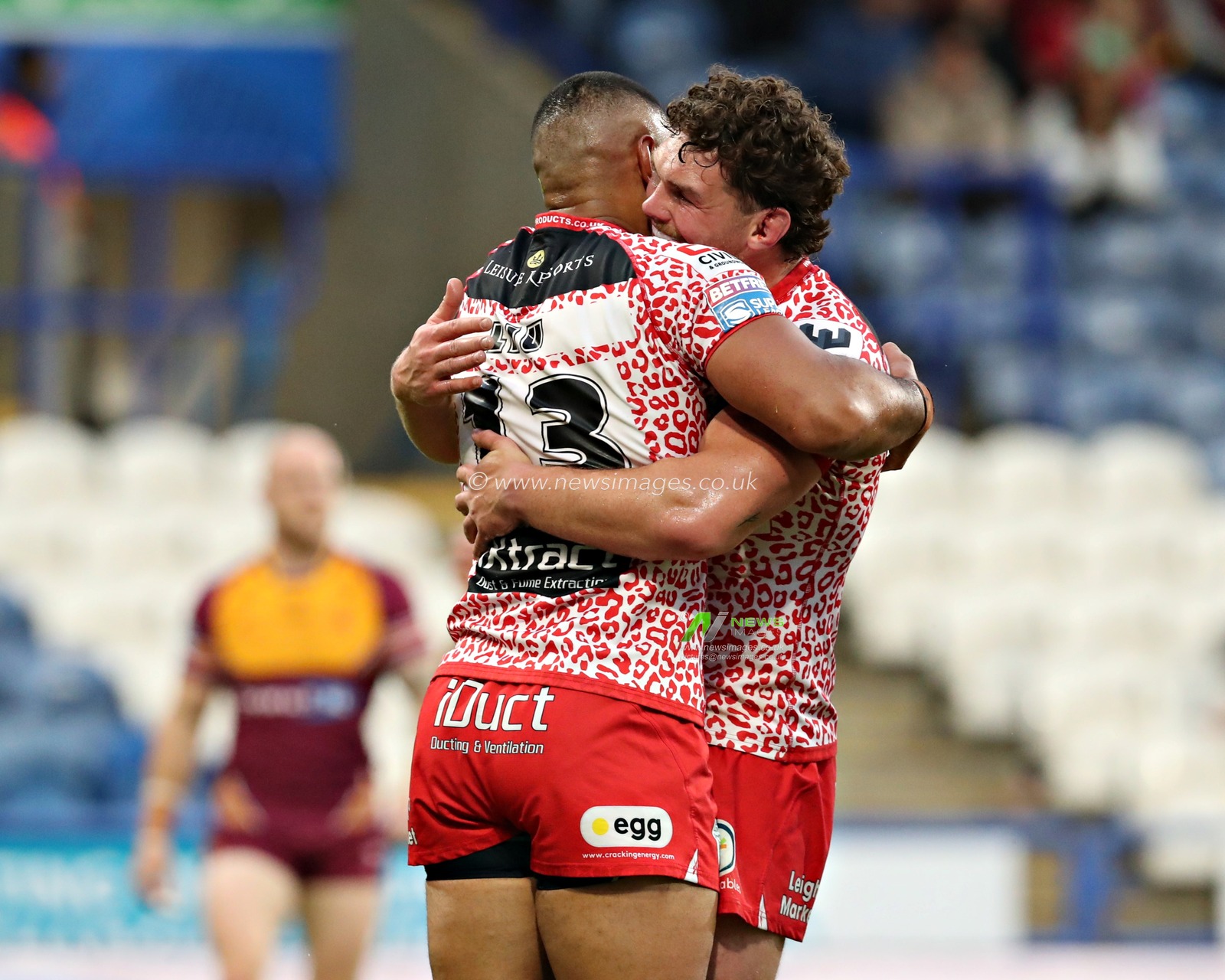 Isaac Liu of Leigh Leopards celebrates scoring the first try of the game during the Betfred Super League Round 13 match Huddersfield Giants vs Leigh Leopards at John Smith's Stadium, Huddersfield, United Kingdom, 29th May 2025

(Photo by Sam Eaden/News Images)