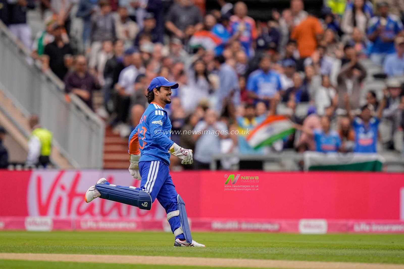 Ishan Kishan of India celebrates the wicket of Jos Buttler of England who clips the ball to mid wicket and is caught off the bowling of Arshdeep Singh of India during the Second Vitality T20 International match England vs India at Old Trafford, Manchester, United Kingdom on 04 July 2026

(Photo by Maynard Manyowa/News Images)
