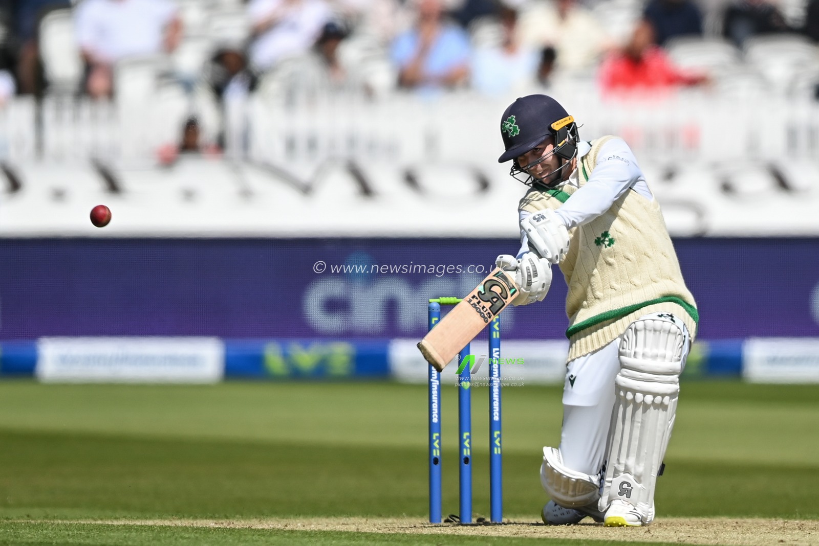 Curtis Campher of Ireland hits a 4 during the LV= Insurance day one Test match England vs Ireland at Lords, London, United Kingdom, 1st June 2023

(Photo by Craig Thomas/News Images)