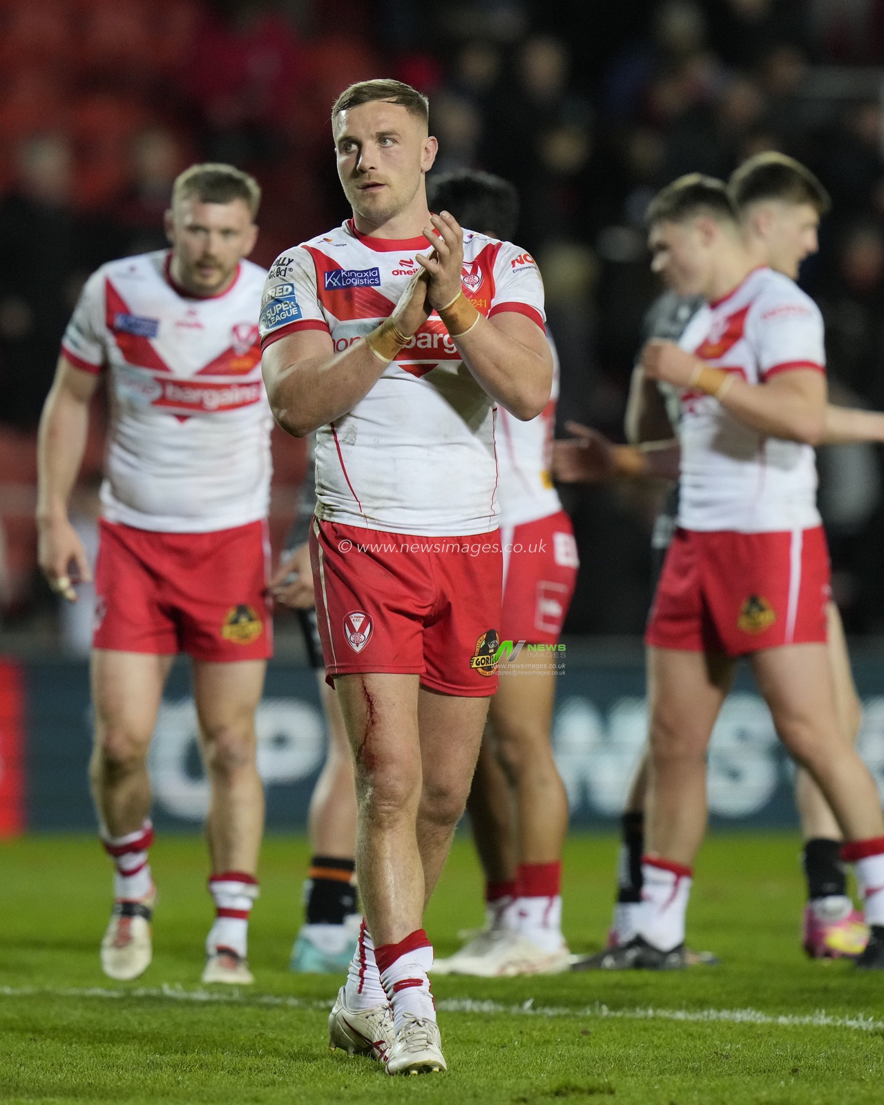 Matty Lees of St. Helens salutes the fans after the Betfred Super League  Round 8 match St Helens vs Hull FC at Totally Wicked Stadium, St Helens, United Kingdom, 19th April 2024

(Photo by Steve Flynn/News Images)