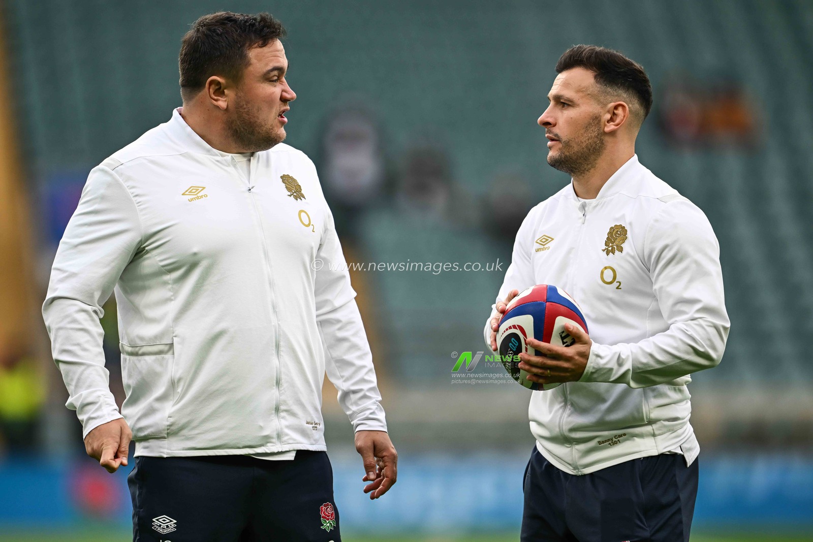 Jamie George of England speaks to Danny Care of England as they arrive ahead of the 2024 Guinness 6 Nations match England vs Wales at Twickenham Stadium, Twickenham, United Kingdom, 10th February 2024

(Photo by Craig Thomas/News Images)