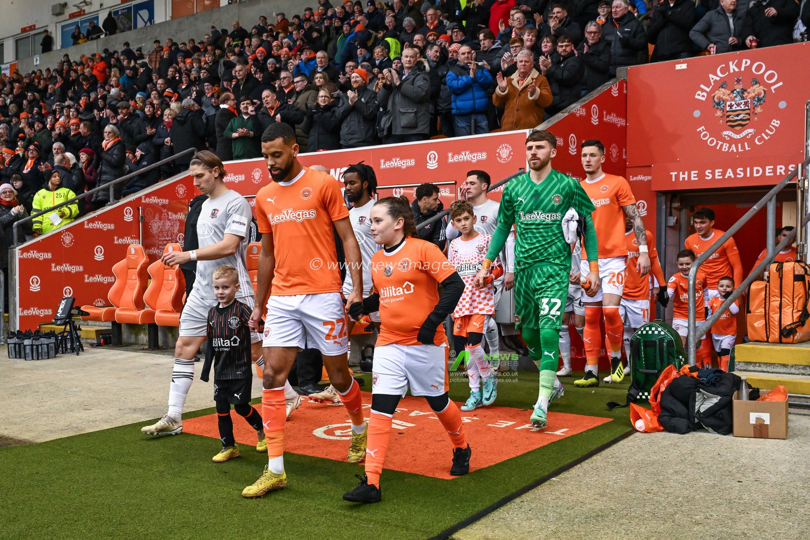 Todays mascots walk out with the team ahead of the Sky Bet League 1 match Blackpool vs Exeter City at Bloomfield Road, Blackpool, United Kingdom, 13th January 2024

(Photo by Craig Thomas/News Images)