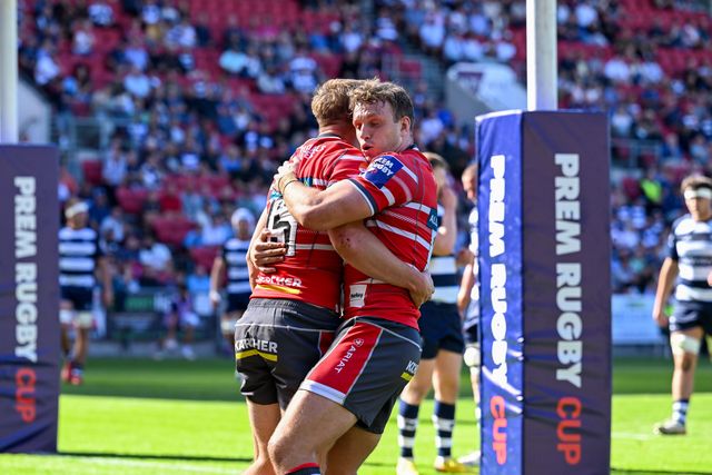 Ben Redshaw of Gloucester Rugby & Ollie Thorley of Gloucester Rugby celebrate Gloucester’s second try during the Prem Rugby Cup match Bristol Bears vs Gloucester at Ashton Gate, Bristol, United Kingdom on 05 September 2026

(Photo by Alex Williamson/News Images)