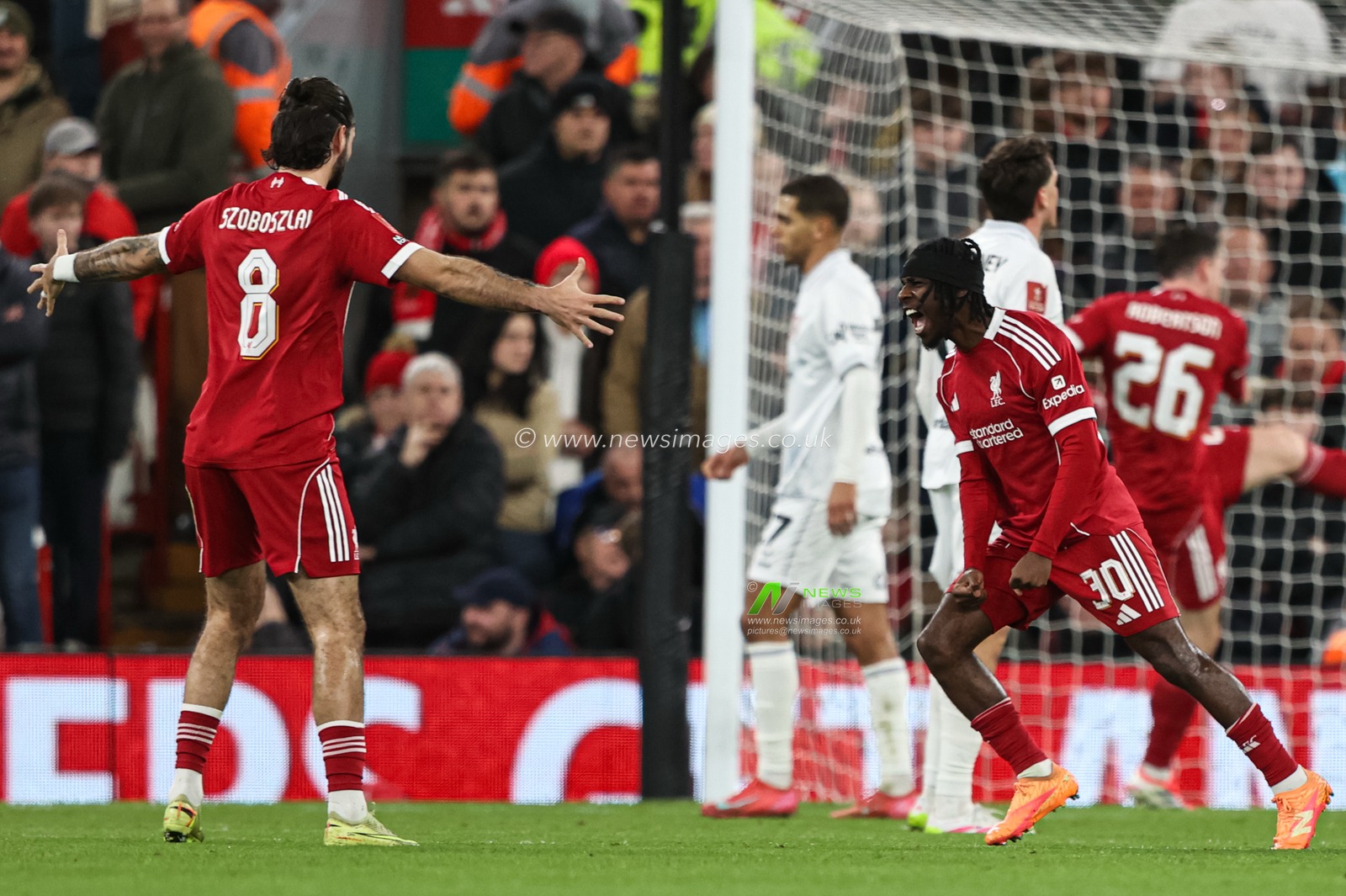 Jeremie Frimpong of Liverpool scores to make it 2-0 during the Emirates FA Cup Third Round match Liverpool vs Barnsley at Anfield, Liverpool, United Kingdom, 12th January 2026

(Photo by Alfie Cosgrove/News Images)