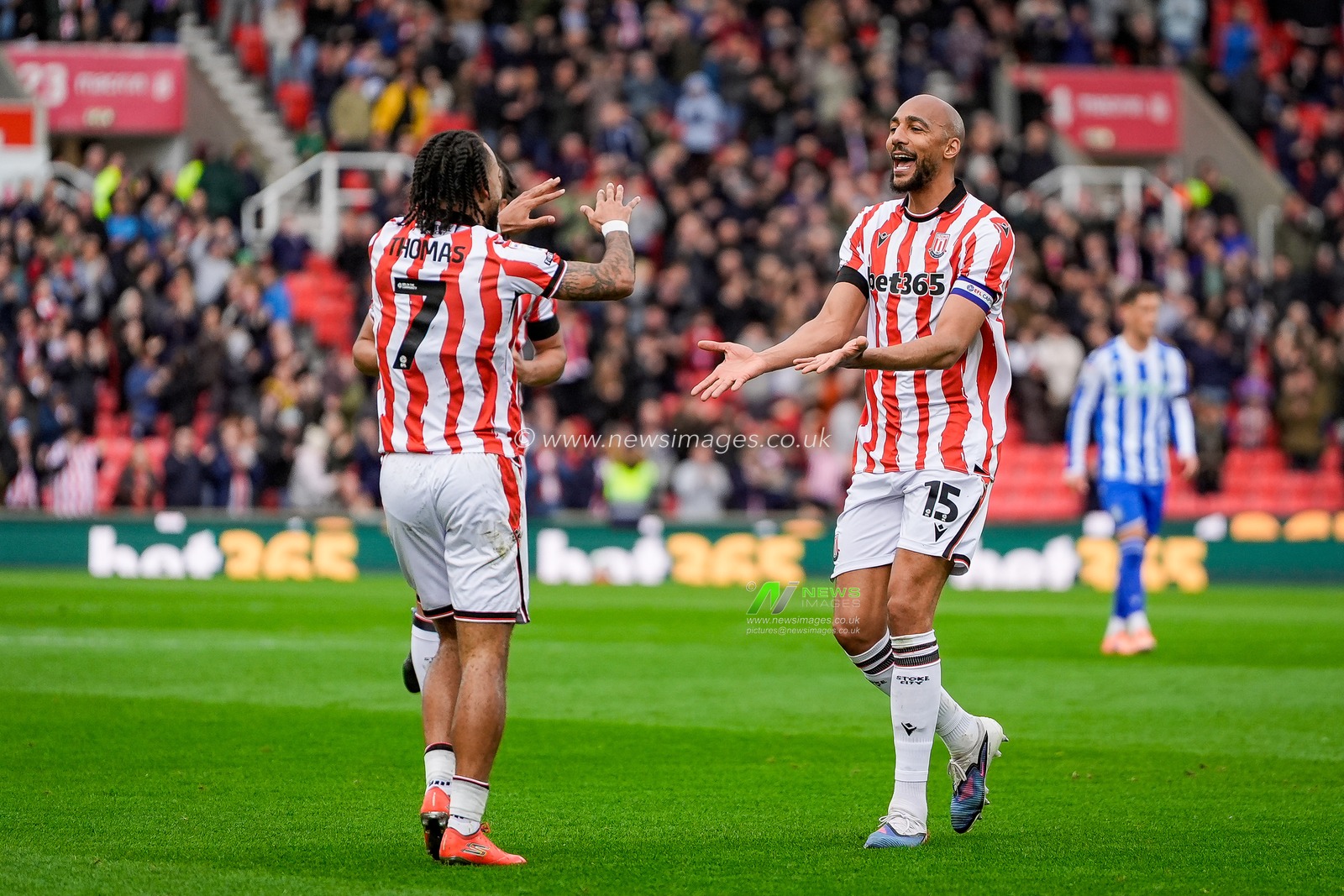 Sorba Thomas of Stoke City and Steven Nzonzi of Stoke City celebrate Jesurun Rak-Sakyi of Stoke City scoring a goal to make it  1-0 during the Sky Bet Championship match Stoke City vs Sheffield Wednesday at Bet365 Stadium, Stoke On Trent, United Kingdom on 03 April 2026

(Photo by Maynard Manyowa/News Images)