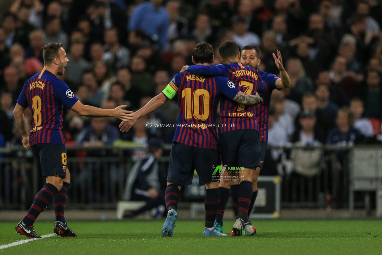 3rd October 2018, Wembley Stadium, London, England; UEFA Champions League, Tottenham v Barcelona ;Philippe Coutinho (07) of Barcelona celebrates his goal to make it 0-1 with Lionel Messi (10) of Barcelona 

Credit: Mark Cosgrove/News Images