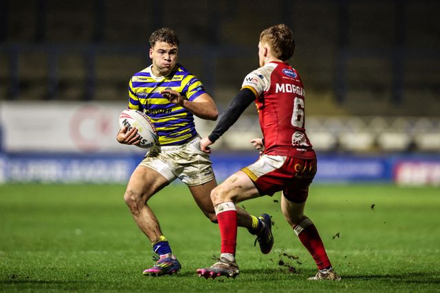 Cai Taylor-Wray of Warrington Wolves is tackled during the Betfred Challenge Cup match Warrington Wolves vs Sheffield Eagles at The Halliwell Jones Stadium, Warrington, United Kingdom on 06 February 2026

(Photo by Alfie Cosgrove/News Images)