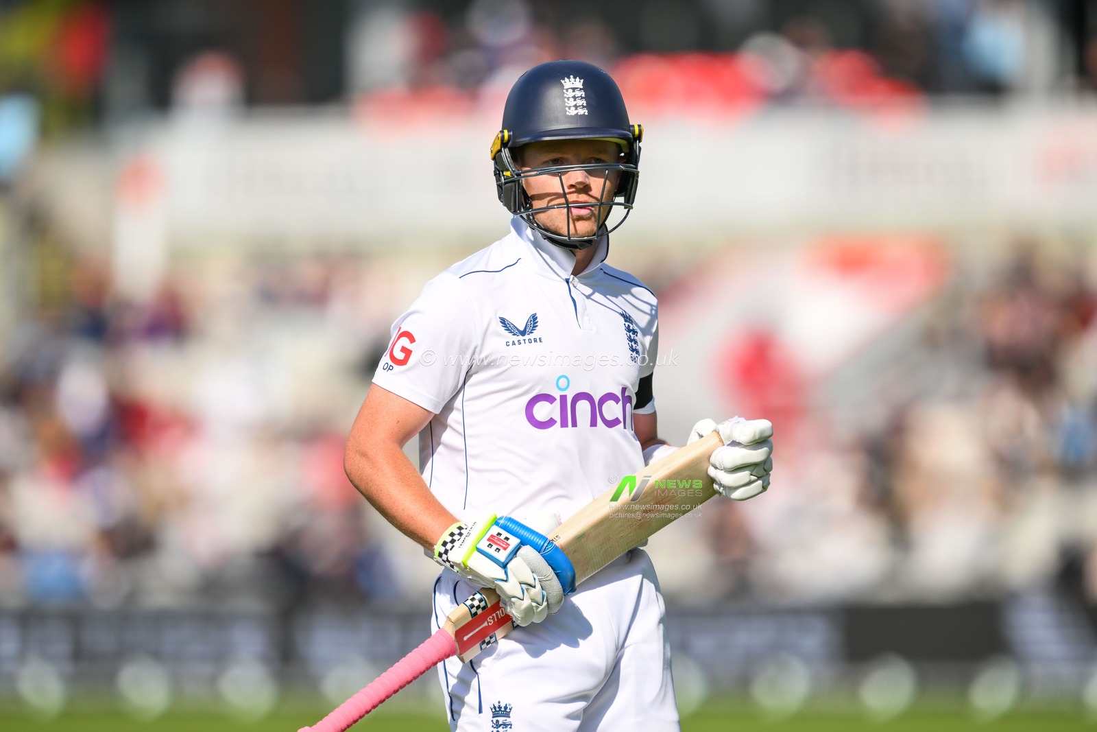 Ollie Pope of England leaves the field after being dismissed during the England Men v Sri Lanka 1st Rothesay Test Match Day 4 at Old Trafford, Manchester, United Kingdom, 24th August 2024

(Photo by Craig Thomas/News Images)