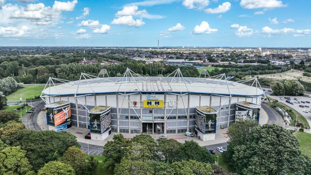 An aerial view of MKM Stadium ahead of the Betfred Super League Round 26 match Hull FC vs Warrington Wolves at MKM Stadium, Hull, United Kingdom, 13th September 2025

(Photo by Alfie Cosgrove/News Images)