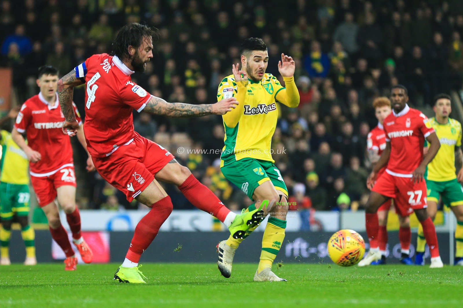 26th December 2018, Carrow Road, Norfolk, England; Sky Bet Championship, Norwich City vs Nottingham Forest ;  Danny Fox (04) of Nottingham Forest clears the ball.

Credit: Georgie Kerr/News Images

English Football League images are subject to DataCo Licence