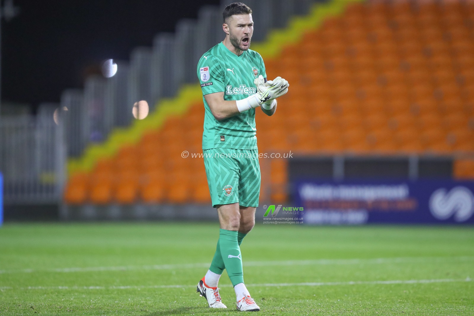 Richard O'Donnell #1 of Blackpool during the Bristol Street Motors Trophy match Blackpool vs Morecambe at Bloomfield Road, Blackpool, United Kingdom, 14th November 2023

(Photo by Gareth Evans/News Images)