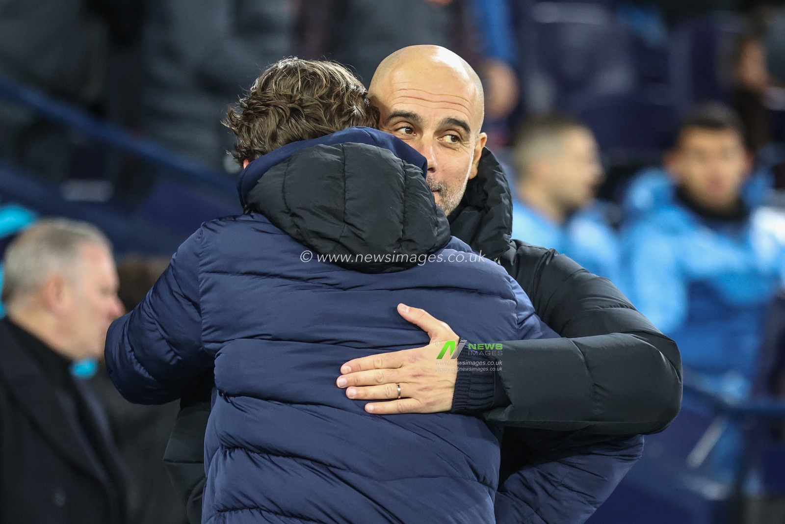 Pep Guardiola manager of Manchester City embraces Thomas Frank manager of Brentford before the game during the Premier League match Manchester City vs Brentford at Etihad Stadium, Manchester, United Kingdom, 20th February 2024

(Photo by Mark Cosgrove/News Images)