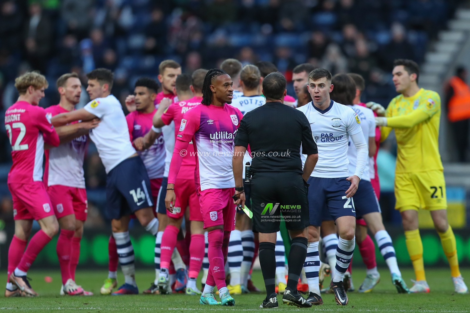 David Kasumu #18 of Huddersfield Town talks with Referee Geoff Eltringham during the Sky Bet Championship match Preston North End vs Huddersfield Town at Deepdale, Preston, United Kingdom, 26th December 2022

(Photo by Gareth Evans/News Images)