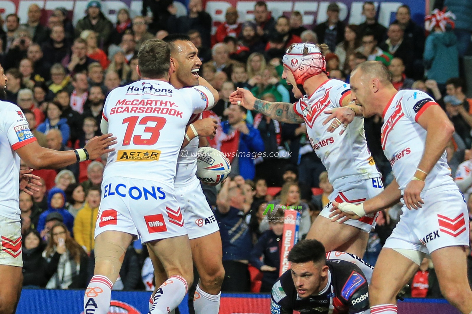 12th October 2019, Old Trafford, Manchester, England; The Grand Final 2019, Saint Helens v Salford Red Devils : Zeb Taia (11) of St Helens celebrates his try

Credit: David Greaves/News Images