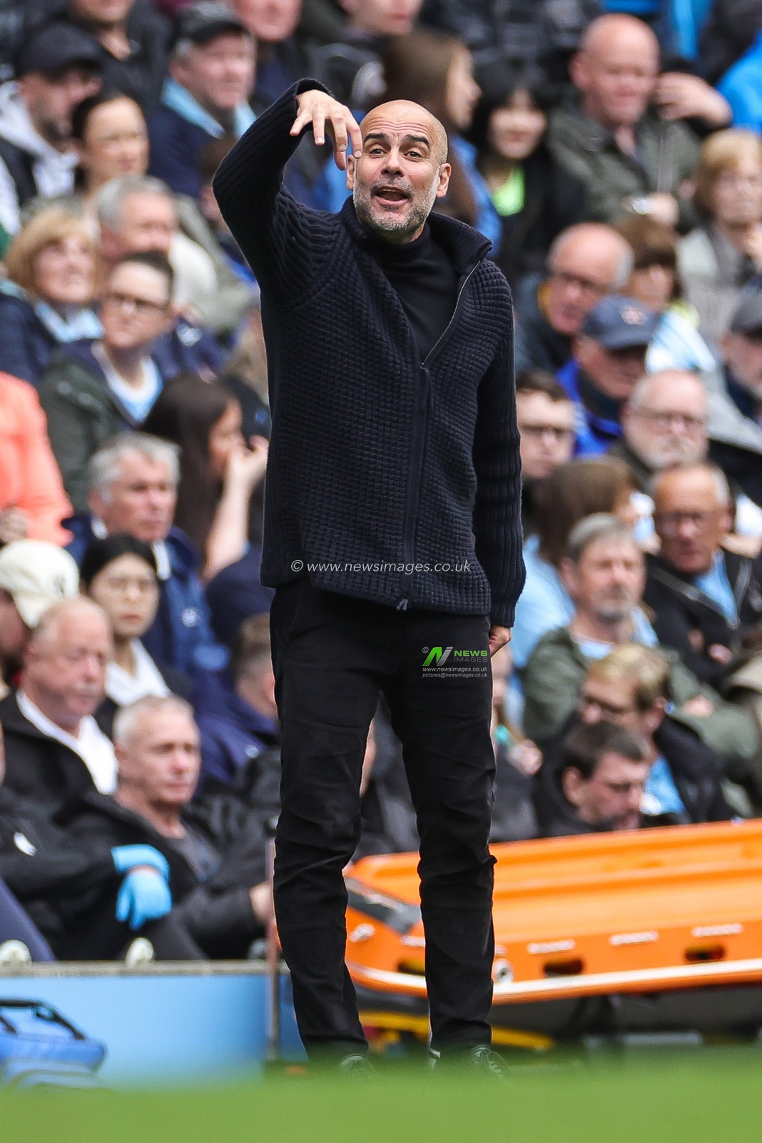 Pep Guardiola Manager of Manchester City gives his team instructions during the Premier League match Manchester City vs Leeds United at Etihad Stadium, Manchester, United Kingdom, 6th May 2023

(Photo by Mark Cosgrove/News Images)