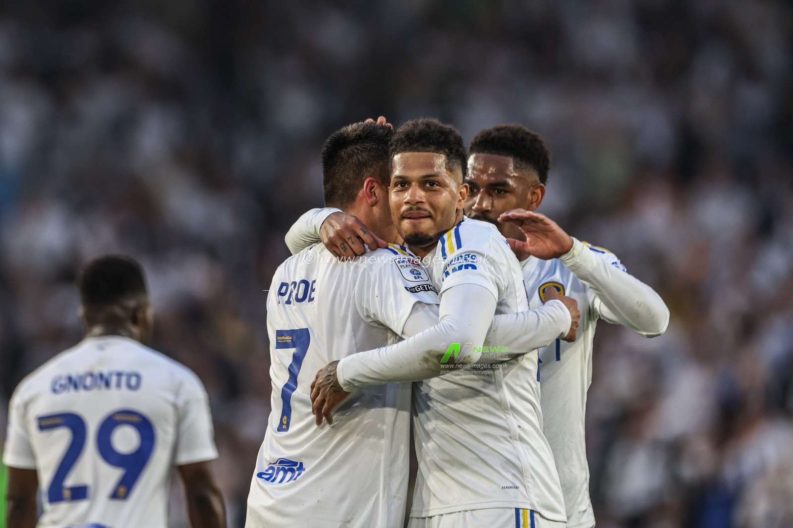 Georginio Rutter of Leeds United celebrates his goal to make it 3-0 during the Sky Bet Championship Play-off Semi Final Second Leg Leeds United vs Norwich City at Elland Road, Leeds, United Kingdom, 16th May 2024

(Photo by Mark Cosgrove/News Images)