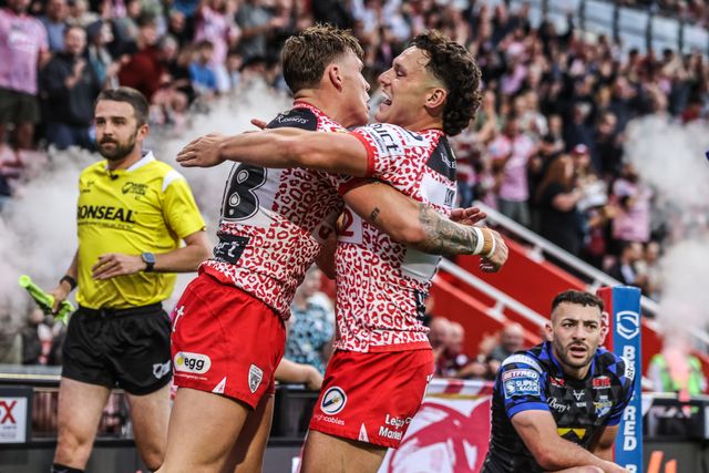 Keanan Brand of Leigh Leopards celebrates his try during the Betfred Super League round 21 match Leigh Leopards vs Leeds Rhinos at Leigh Sports Village, Leigh, United Kingdom, 7th August 2025

(Photo by Alfie Cosgrove/News Images)