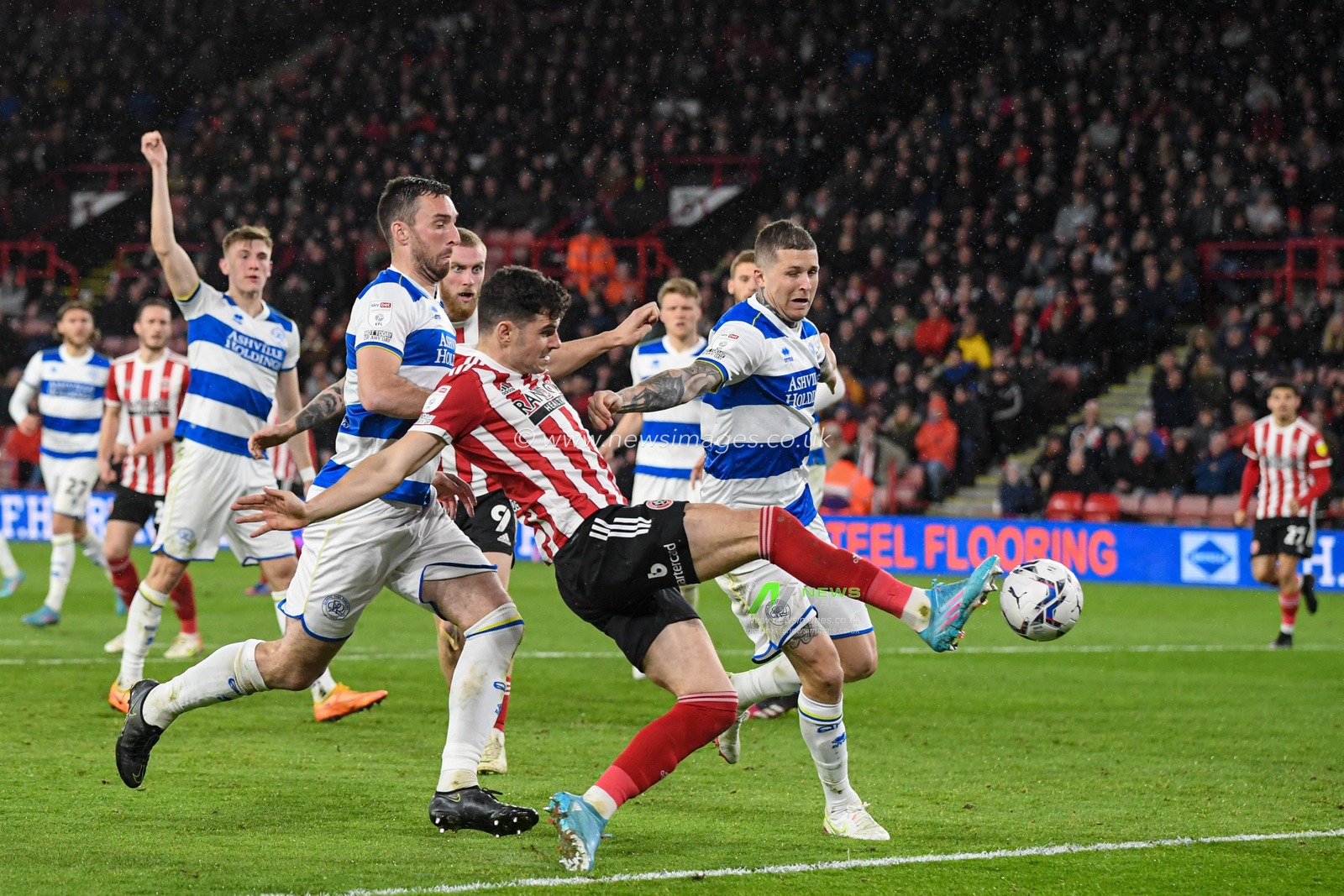 John Egan #12 of Sheffield United has a chance at goal