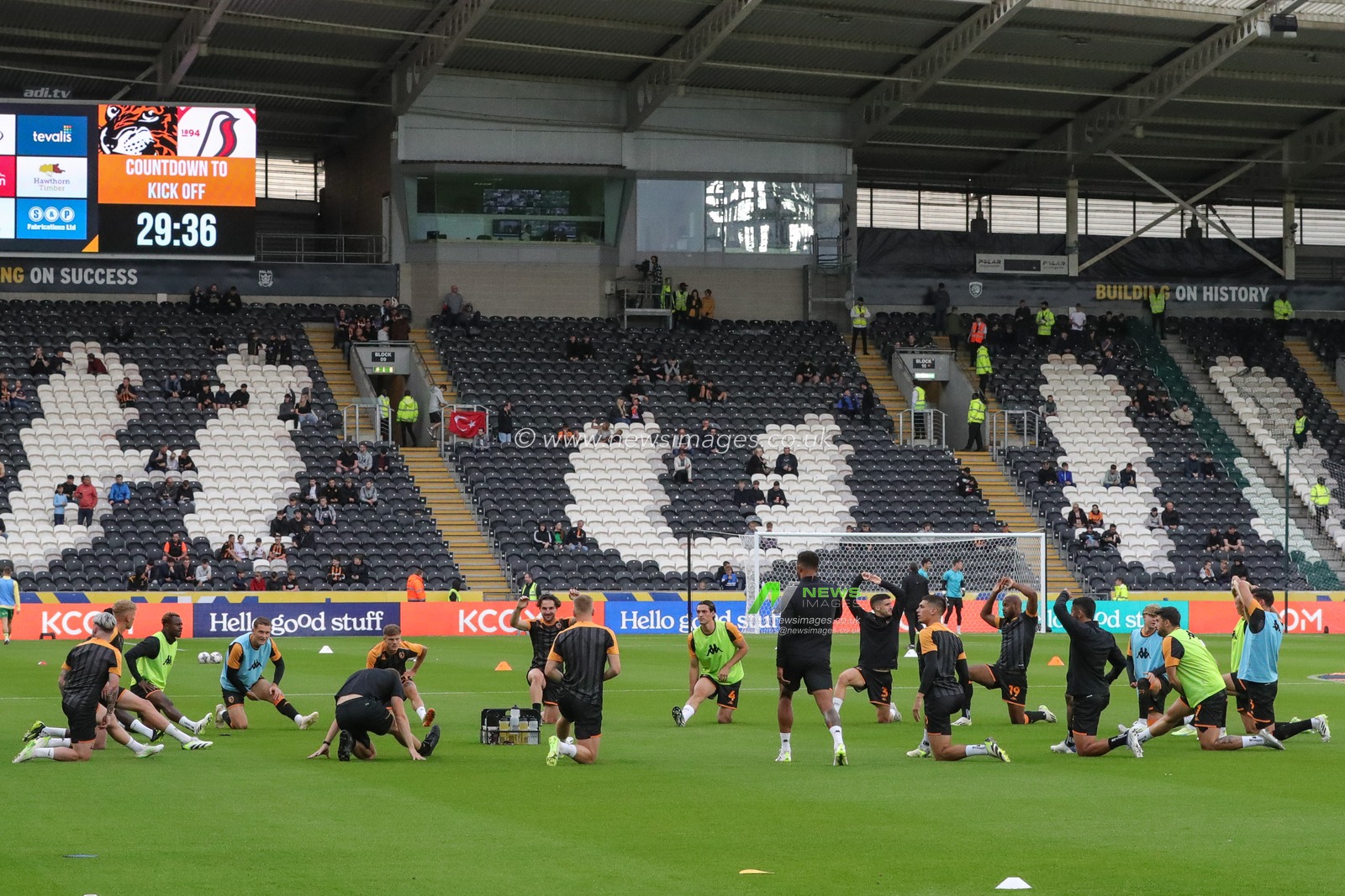 Hull players warming up uring the Sky Bet Championship match Hull City vs Bristol City at MKM Stadium, Hull, United Kingdom, 25th August 2023

(Photo by Alfie Cosgrove/News Images)