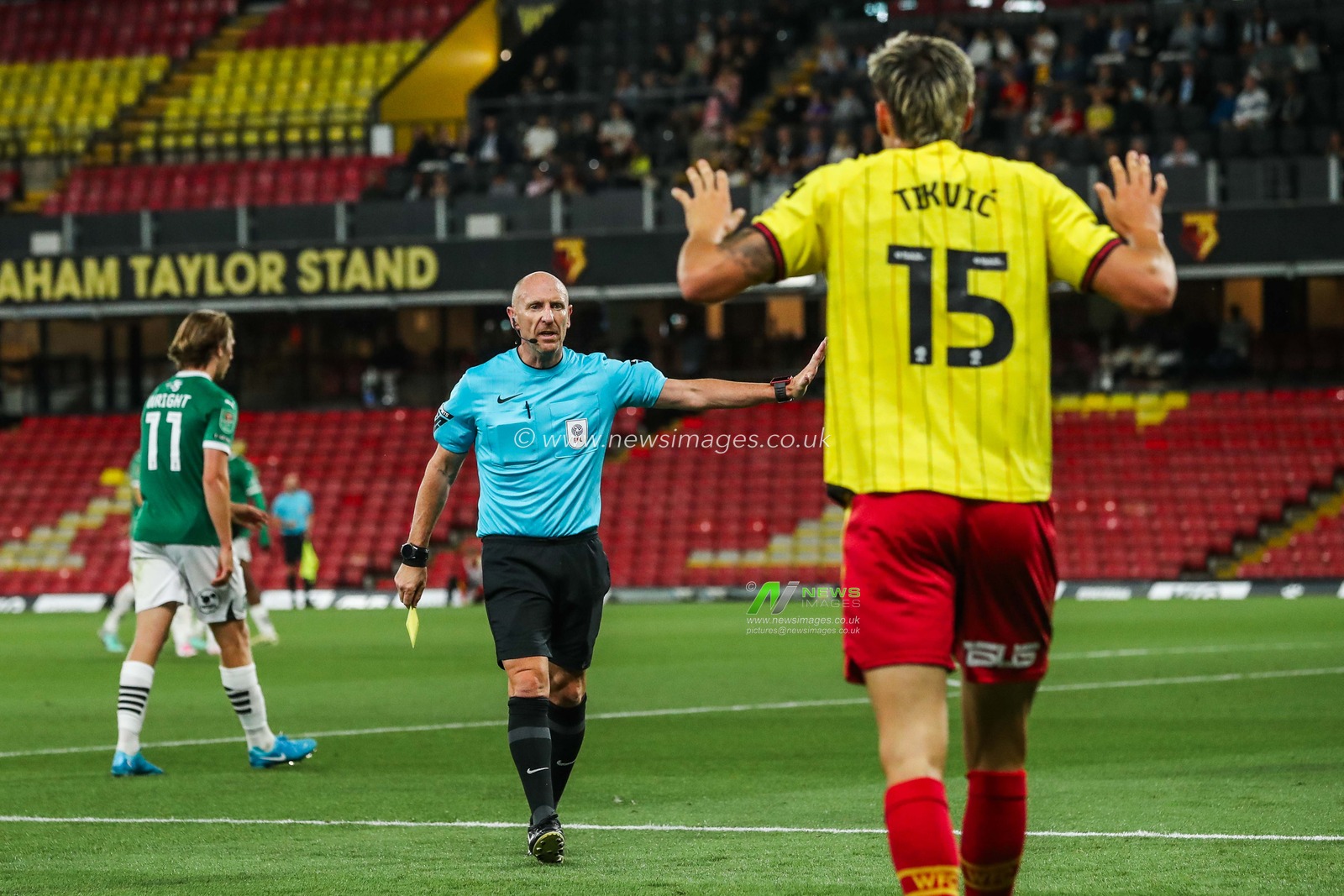 Antonio Tikvic of Watford reacts after a yellow card during the Carabao Cup match Watford vs Plymouth Argyle at Vicarage Road, Watford, United Kingdom, 27th August 2024

(Photo by Izzy Poles/News Images)