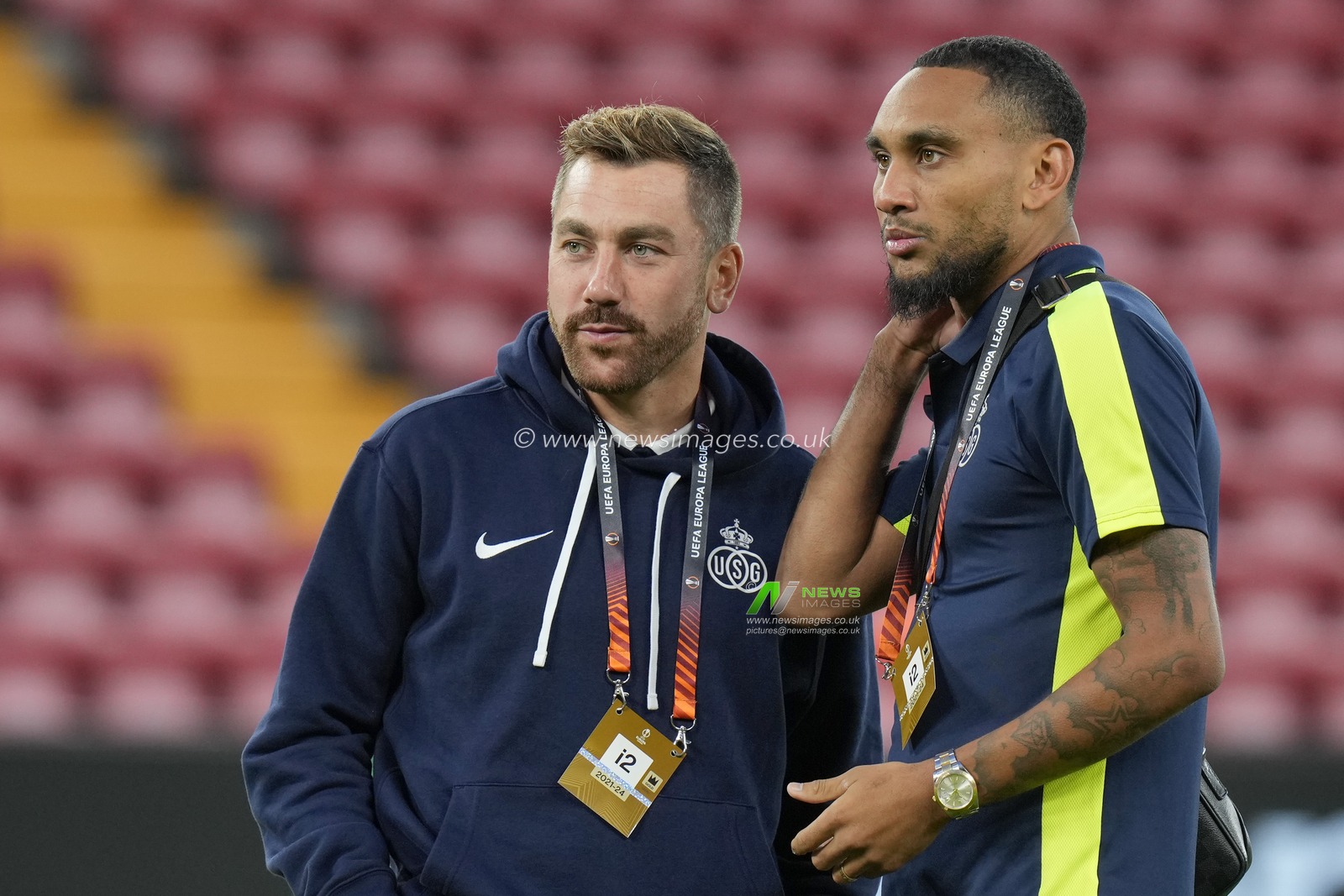Guillaume Francois of Union Saint-Gilloise speaks with LoÃ¯c Lapoussin #10 of Union Saint-Gilloise as they inspect the pitch before the UEFA Europa League match Liverpool vs Union Saint-Gilloise at Anfield, Liverpool, United Kingdom, 5th October 2023

(Photo by Steve Flynn/News Images)
