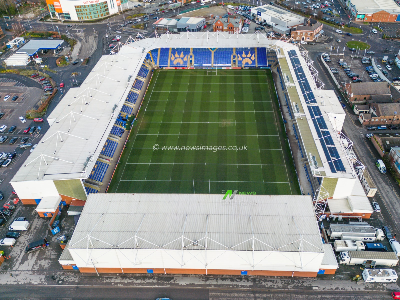 General aerial view of The Halliwell Jones Stadium, Home of Warrington Wolves ahead of the Betfred Super League Round 1 match Warrington Wolves vs Leeds Rhinos at Halliwell Jones Stadium, Warrington, United Kingdom, 16th February 2023

(Photo by Craig Thomas/News Images)