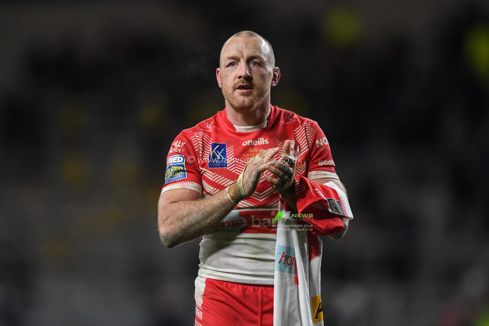 James Roby #9 of St Helens applauds the travelling supporters at the end of the game after his side beat Leeds Rhinos 0-26 on his 500th appearance as a player