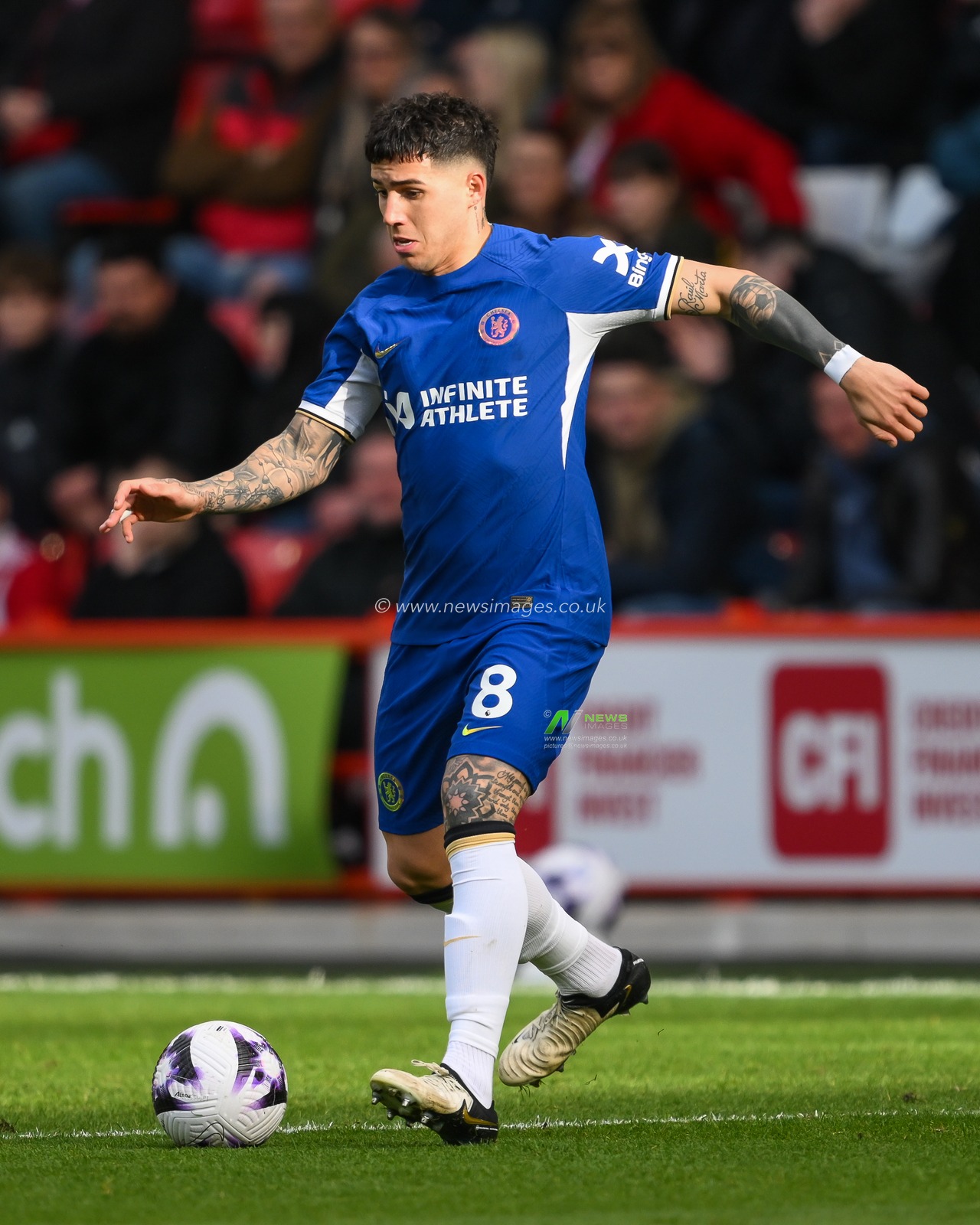 Enzo FernÃ¡ndez of Chelsea in action during the Premier League match Sheffield United vs Chelsea at Bramall Lane, Sheffield, United Kingdom, 7th April 2024

(Photo by Craig Thomas/News Images)
