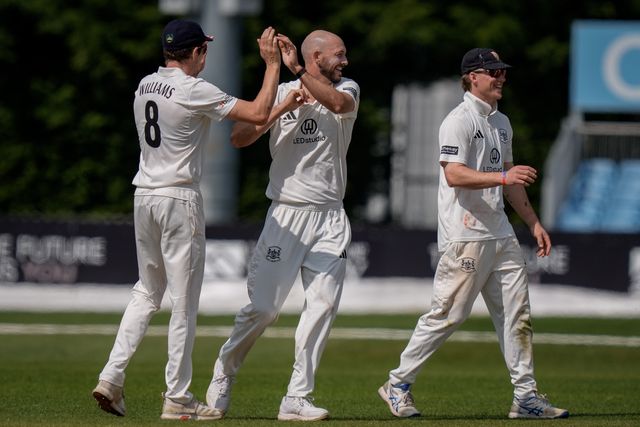 Gabe Bell of Gloucestershire celebrates his wicket ofBen Aitchison of Derbyshire with his team mates during the County Championship Division Two Derbyshire v Gloucestershire at The Central Co-Op County Ground, Derby, United Kingdom on 26 April 2026

(Photo by Maynard Manyowa/News Images)