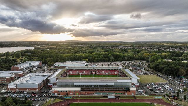 An aerial view of Leigh Sports Village ahead of the Betfred Super League round 25 match Leigh Leopards vs Castleford Tigers at Leigh Sports Village, Leigh, United Kingdom, 28th August 2025

(Photo by Alfie Cosgrove/News Images)