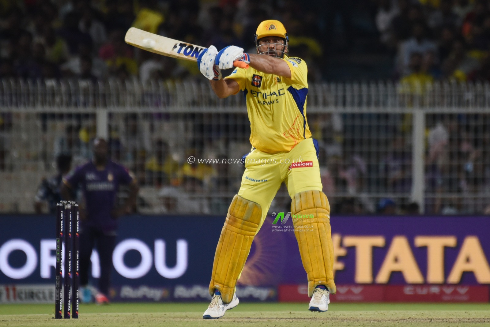Chennai Super Kings' captain MS Dhoni plays a shot during the Indian Premier League cricket match between Kolkata Knight Riders and Chennai Super Kings at Eden Gardens in Kolkata, India, Wednesday, May 7, 2025.Photo by Debajyoti Chakraborty.(Photo: Debajyoti Chakraborty/News Images)