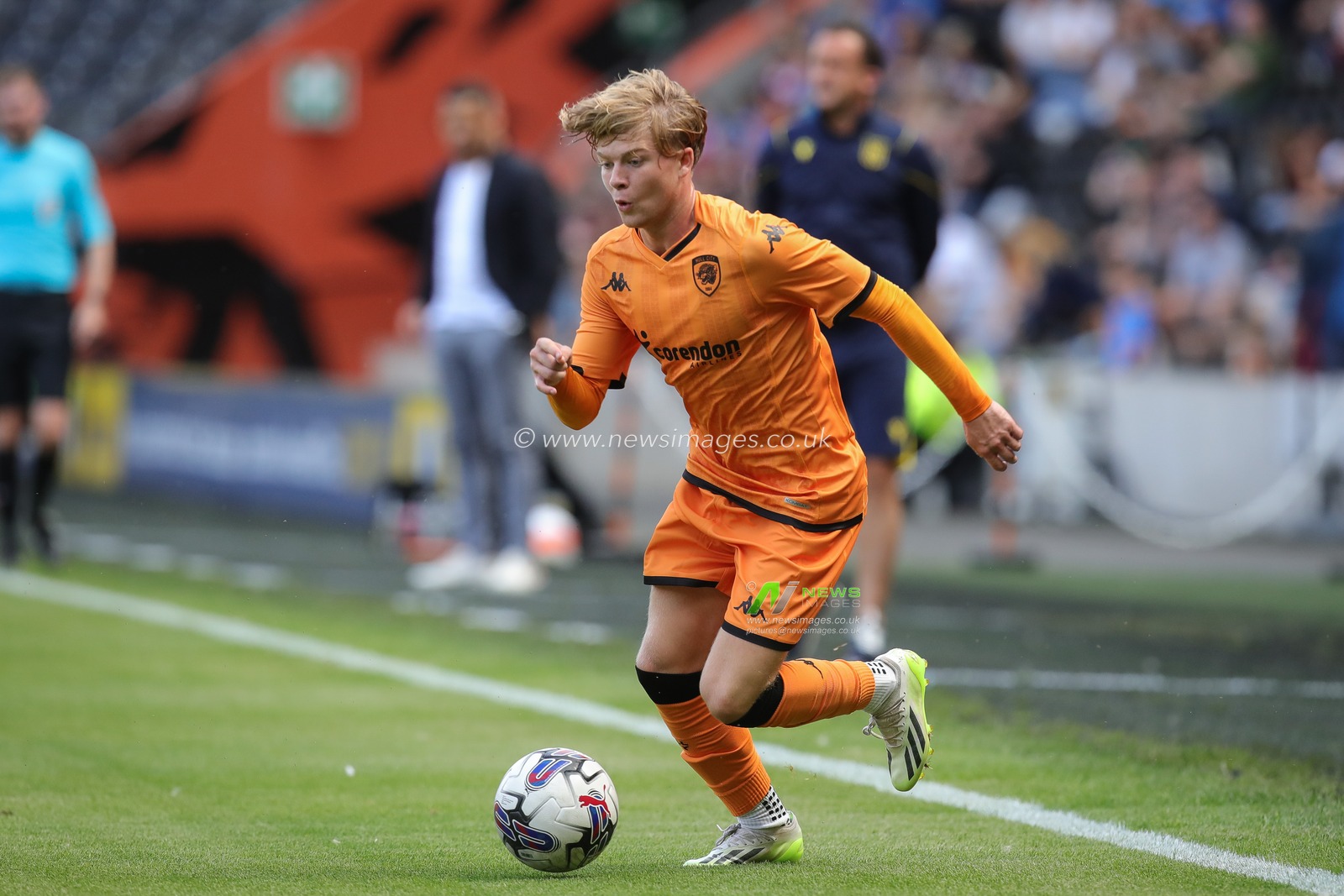 Harry Vaughan #14 of Hull City on the ball during the Pre-season friendly match Hull City vs Nantes at MKM Stadium, Hull, United Kingdom, 29th July 2023

(Photo by James Heaton/News Images)