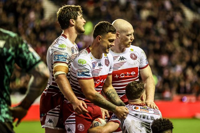 Jai Field of Wigan Warriors celebrates his try during the Betfred Super League match Wigan Warriors vs Leigh Leopards at The Brick Community Stadium, Wigan, United Kingdom on 26 February 2026

(Photo by Alfie Cosgrove/News Images)