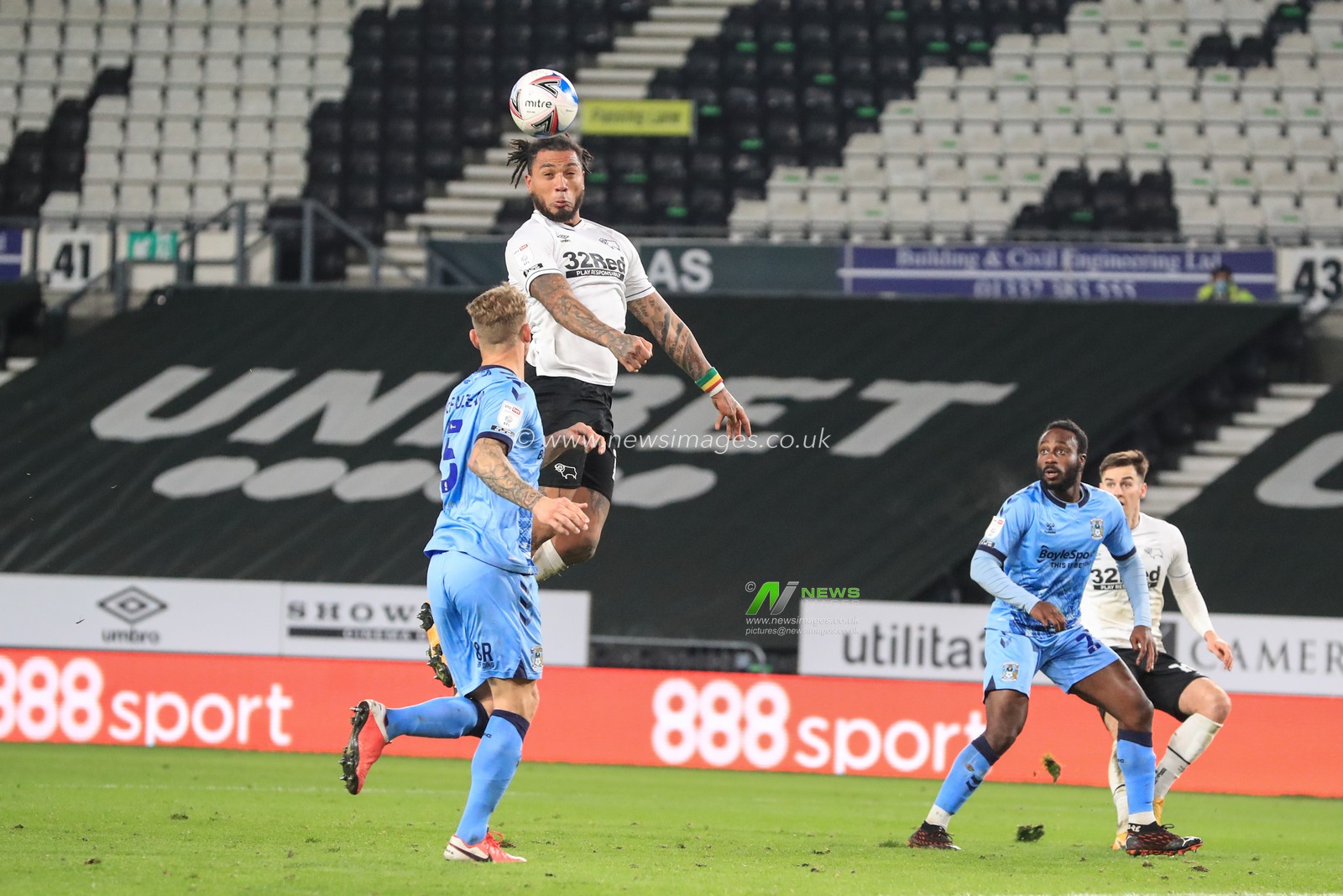 Colin Kazim-Richards #13 of Derby County heads the ball just over the bar