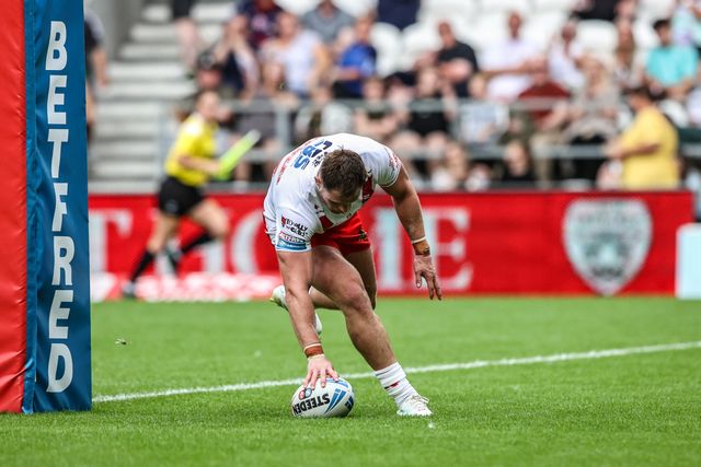 Morgan Knowles of St. Helens goes over for a try during the Betfred Super League round 16 match St Helens vs Salford Red Devils at Totally Wicked Stadium, St Helens, United Kingdom, 29th June 2025

(Photo by Alfie Cosgrove/News Images)