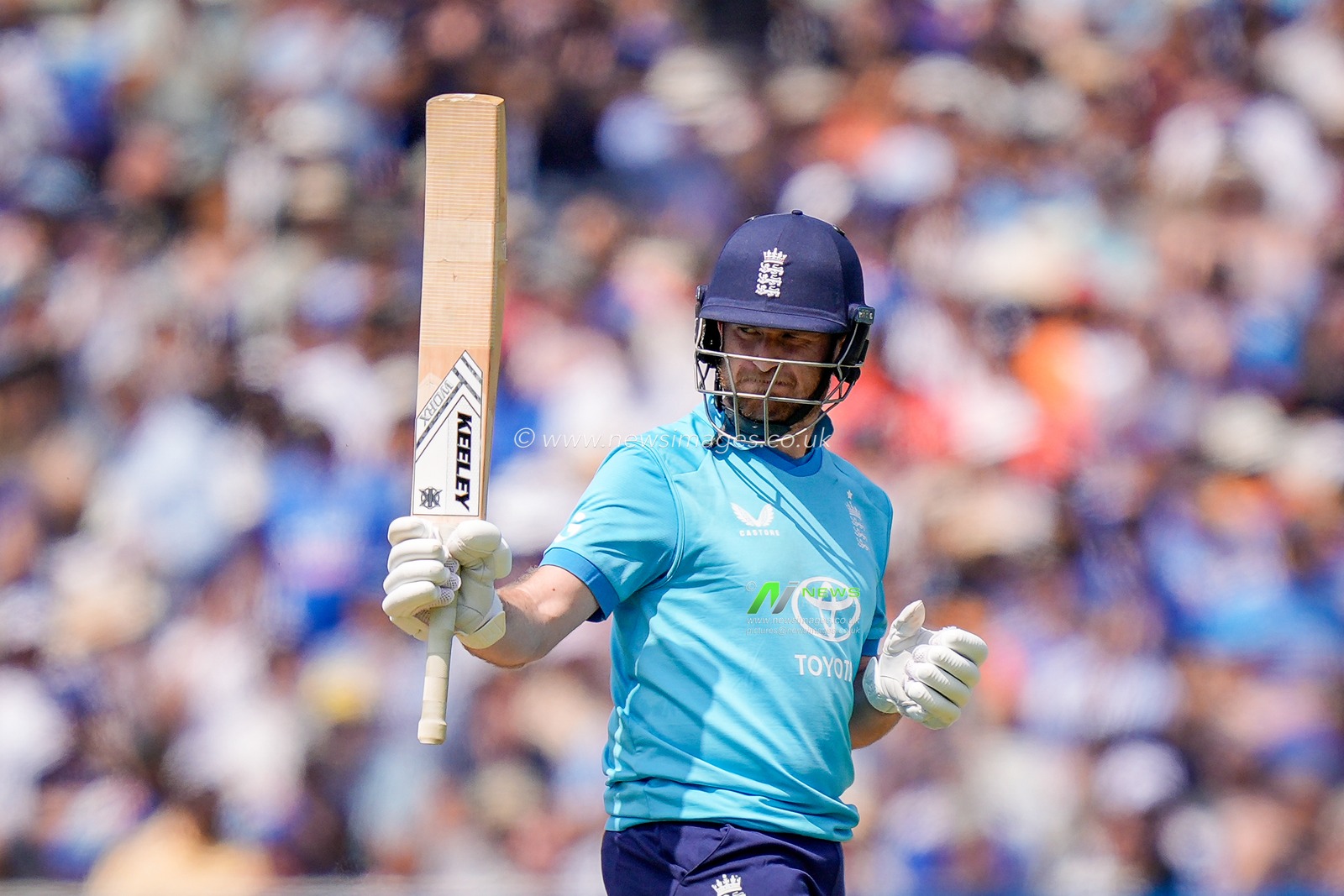 Liam Dawson of England celebrates a half century during the 1st Metro Bank ODI match England vs India at Edgbaston, Birmingham, United Kingdom on 14 July 2026

(Photo by Maynard Manyowa/News Images)