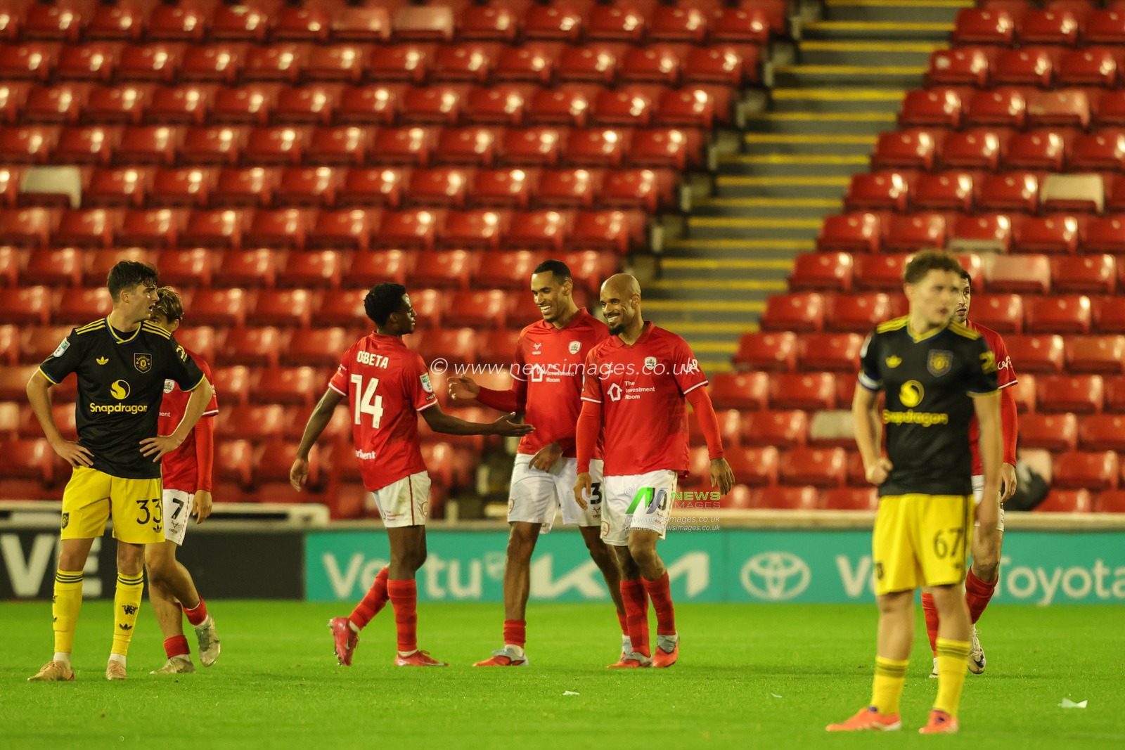 Jon Russell of Barnsley celebrates his goal to make it 5-2 during the The Vertu Trophy Group D match Barnsley vs Manchester United U21 at Oakwell, Barnsley, United Kingdom, 21st October 2025

(Photo by Richard Bierton/News Images)