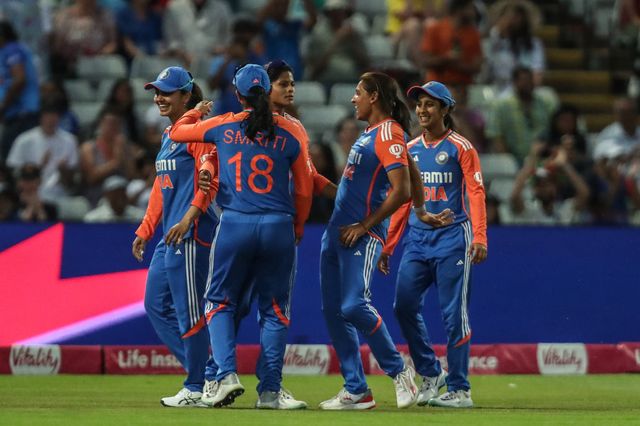 Radha Yadav of India celebrates the wicket of Amy Jones of England during the 5th Vitality IT20 England Women vs India Women at Edgbaston, Birmingham, United Kingdom, 12th July 2025

(Photo by Izzy Poles/News Images)