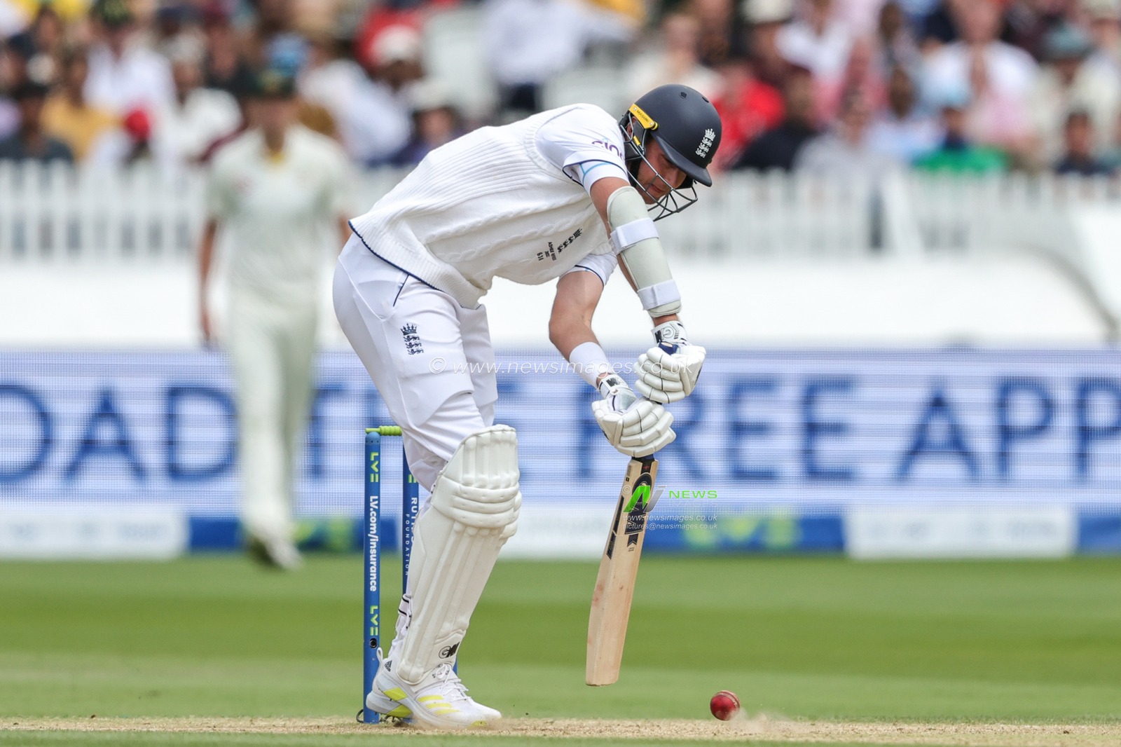 Stuart Broad of England plays a safety shot during the LV= Insurance Ashes Test Series Second Test Day 5 England v Australia at Lords, London, United Kingdom, 2nd July 2023

(Photo by Mark Cosgrove/News Images)