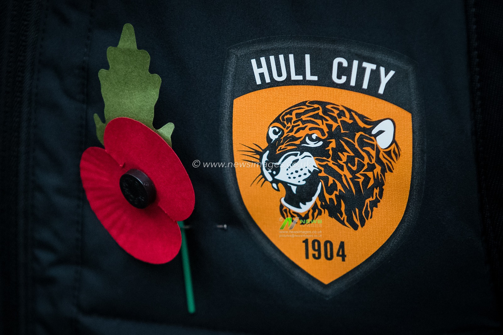 The Hull City badge with a Poppy pinned to the side of it ahead of the Sky Bet Championship match Hull City vs Reading at MKM Stadium, Hull, United Kingdom, 12th November 2022

(Photo by James Heaton/News Images)