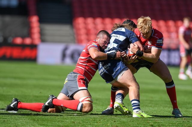 Lewis Ludlow of Gloucester Rugby tackles Harry Thacker of Bristol Bears during the Prem Rugby Cup match Bristol Bears vs Gloucester at Ashton Gate, Bristol, United Kingdom on 05 September 2026

(Photo by Alex Williamson/News Images)