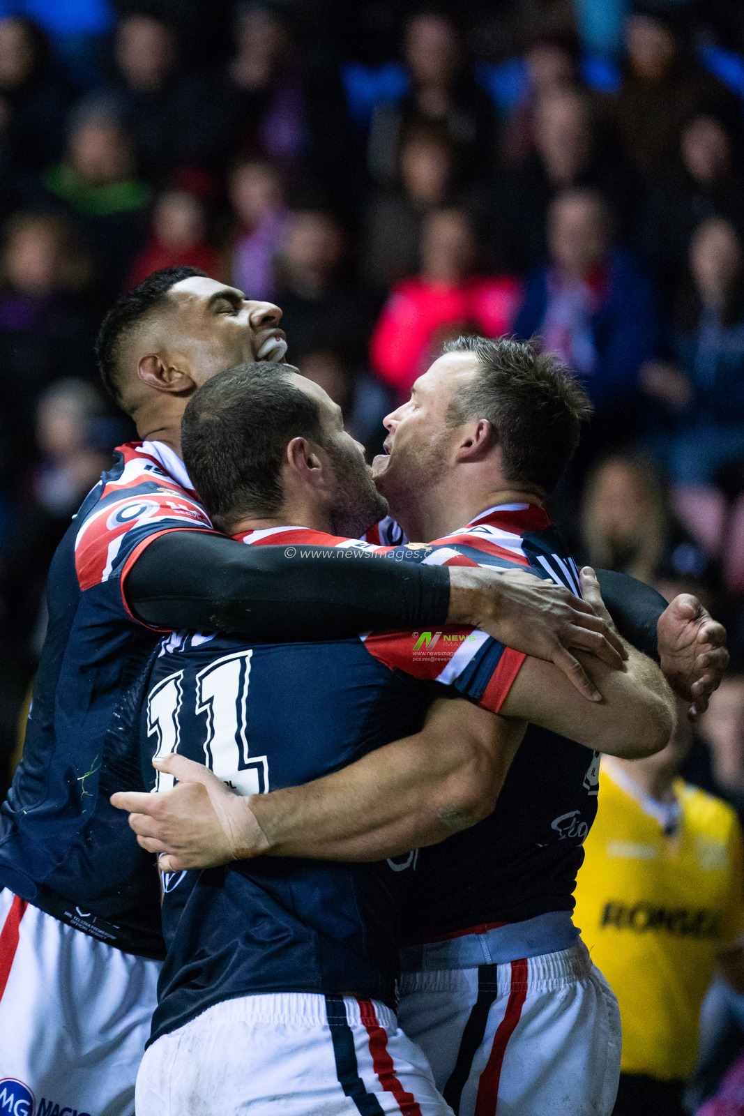 Sydney Roosters Brett Morris celebrates scoring his sides first try

17th February  2019 , DW Stadium, Wigan, England;  Betfred World Club Challenge, Wigan Warriors vs Sydney Roosters ; 

Credit: Terry Donnelly/News Images