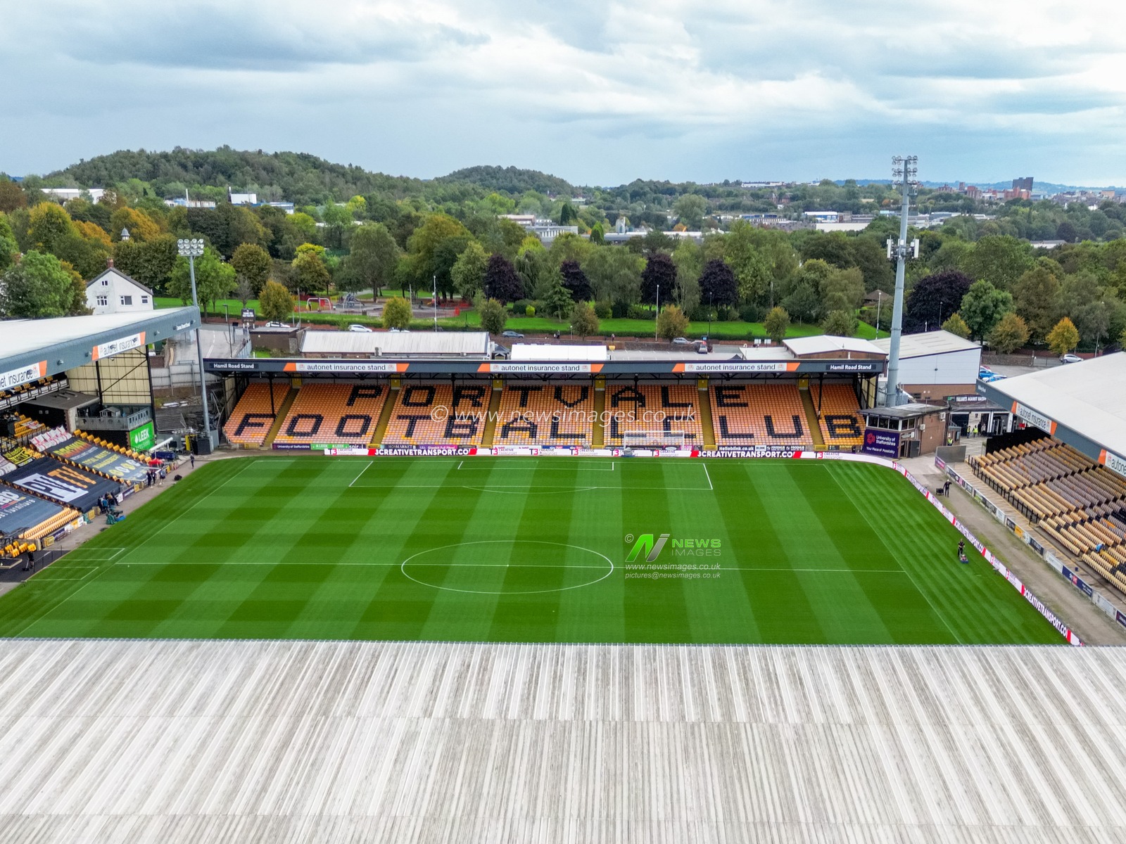 General ground views of Vale Park, home ground for Port Vale FC, via drone, prior to the Carabao Cup Round 3 match Port Vale vs Arsenal at Vale Park, Burslem, United Kingdom, 24th September 2025

(Photo by Adam Gee/News Images)